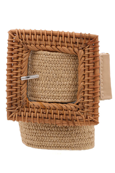 Wood Square Buckle Woven Straw Stretch Belt