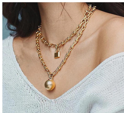 Gold Padlock & Ball Layering Necklace