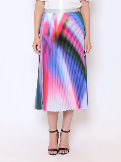 Rainbow Color Print Pleated Skirt