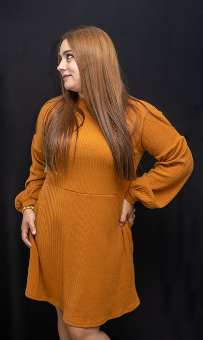 Terracota Puff sleeved midi dress with texture